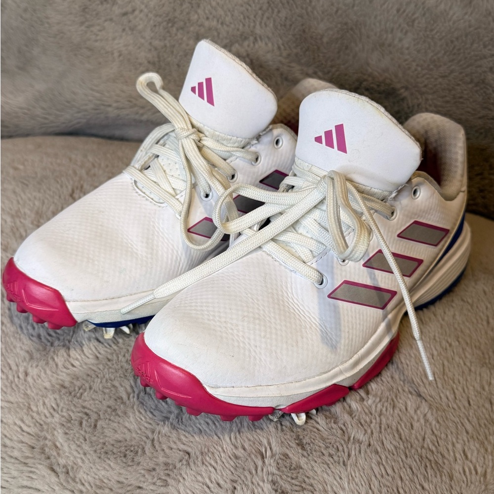 Adidas White Golf Shoes with Pink and Blue Accents